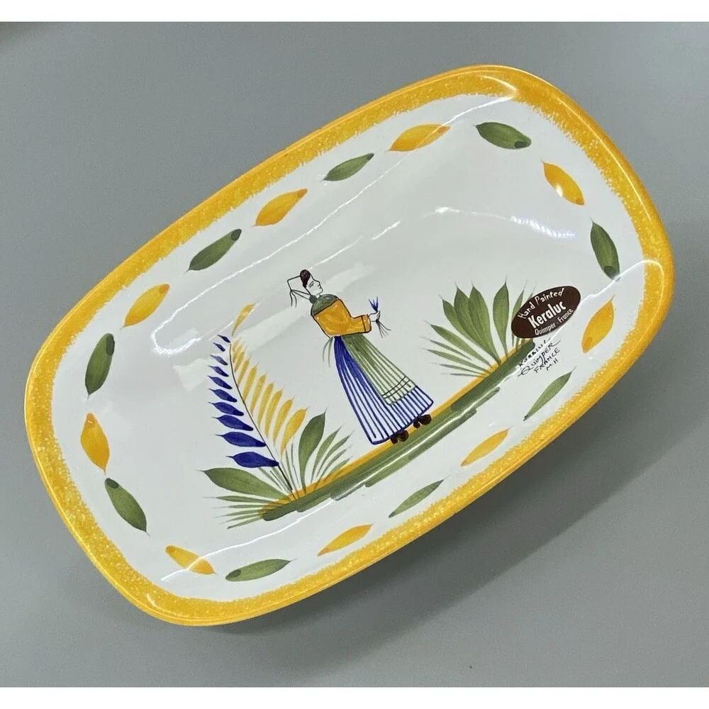 Vintage Keraluc Quimper France Hand Painted Faience Breton Dish Tray Yellow Trim